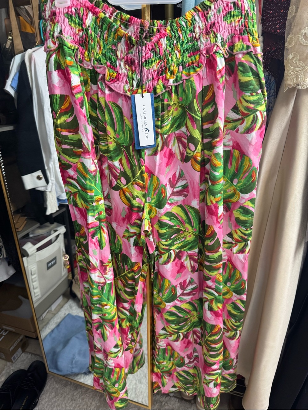Caribbean Joe Pink Tropical Leaf Palazzo Pants